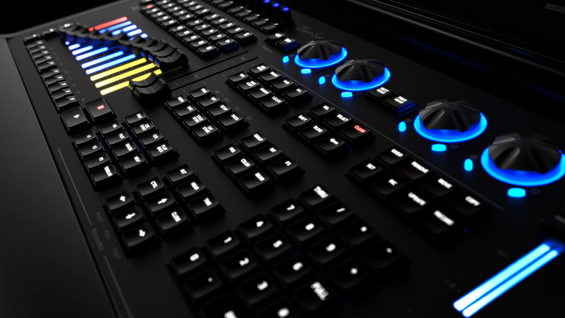 An image showing a close up of the ChamSys MagicQ stadium connect console with the multi-coloured faders on display.