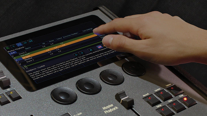 A menu displaying on the Vari-lite FLX S48 lighting console.