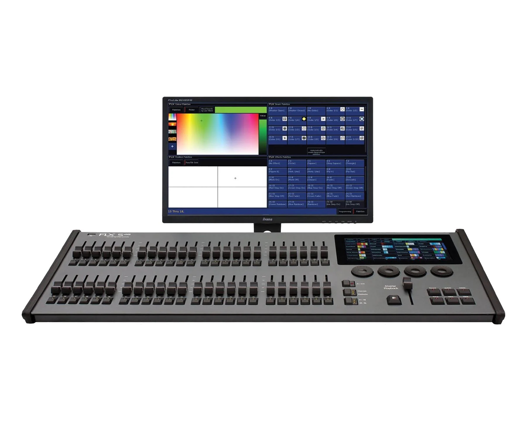 The FLX S48 lighting console with external display