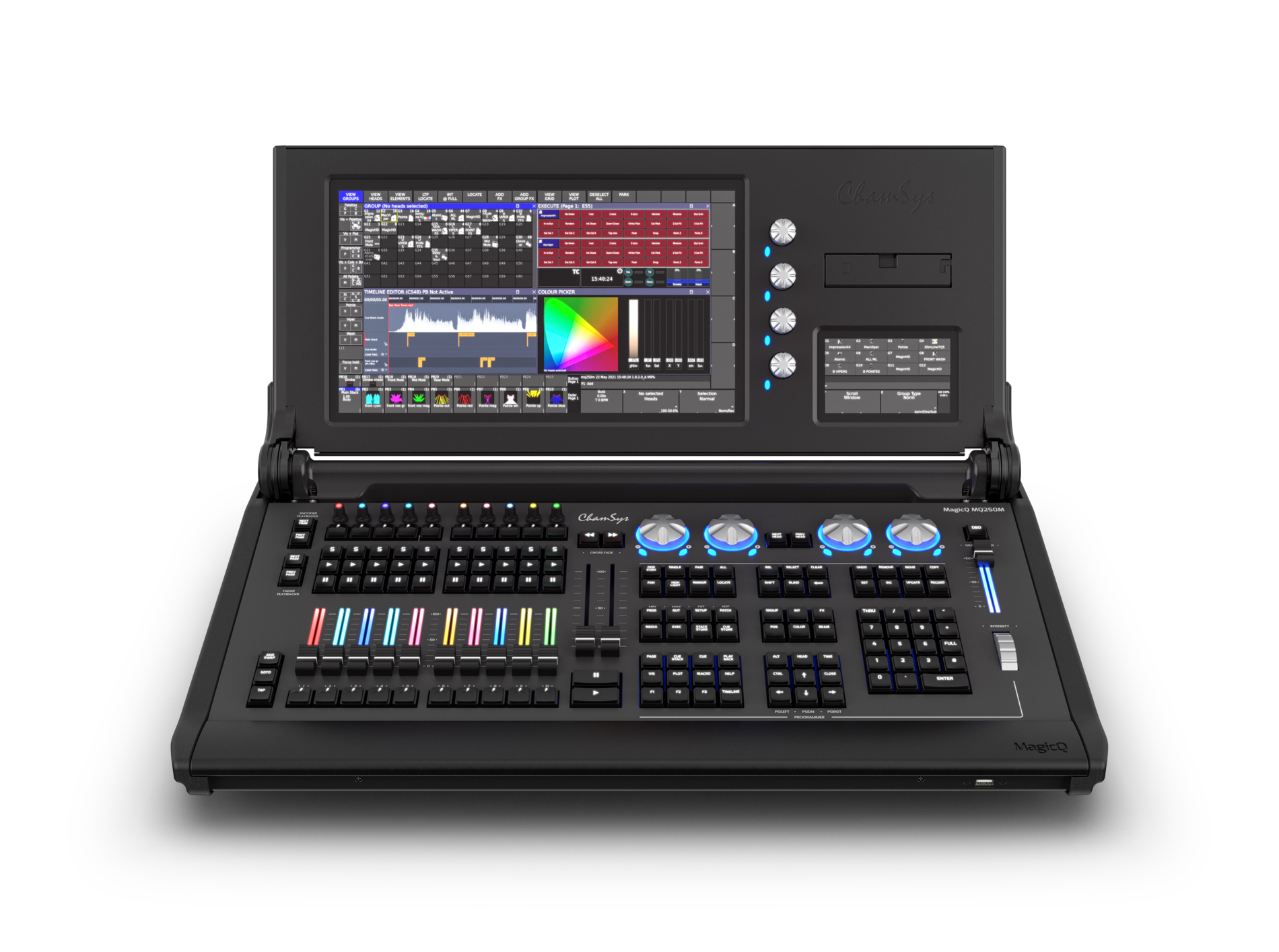 A front view of the ChamSys Stadium connect lighting console