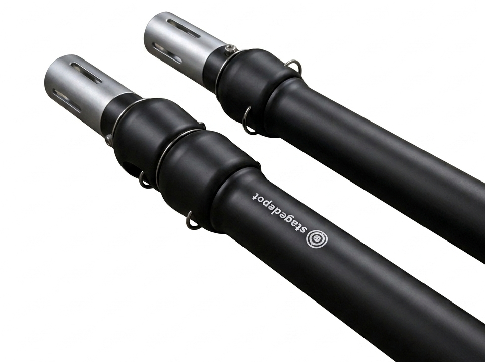 Both of our Stage Depot Pipe and drape uprights laying together on the floor next to each other showing the matt black paint work of them.