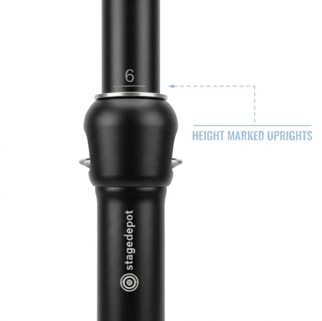 Our Stage Depot Telescopic upright showing the height markers etched into the upright.