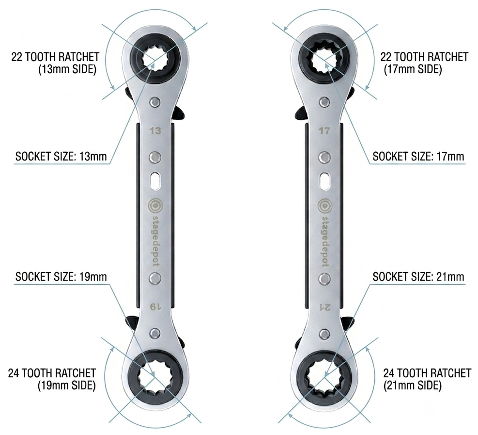 A close up of the Stage Depot Quadspanner showing small movement required for ratchet mechanism