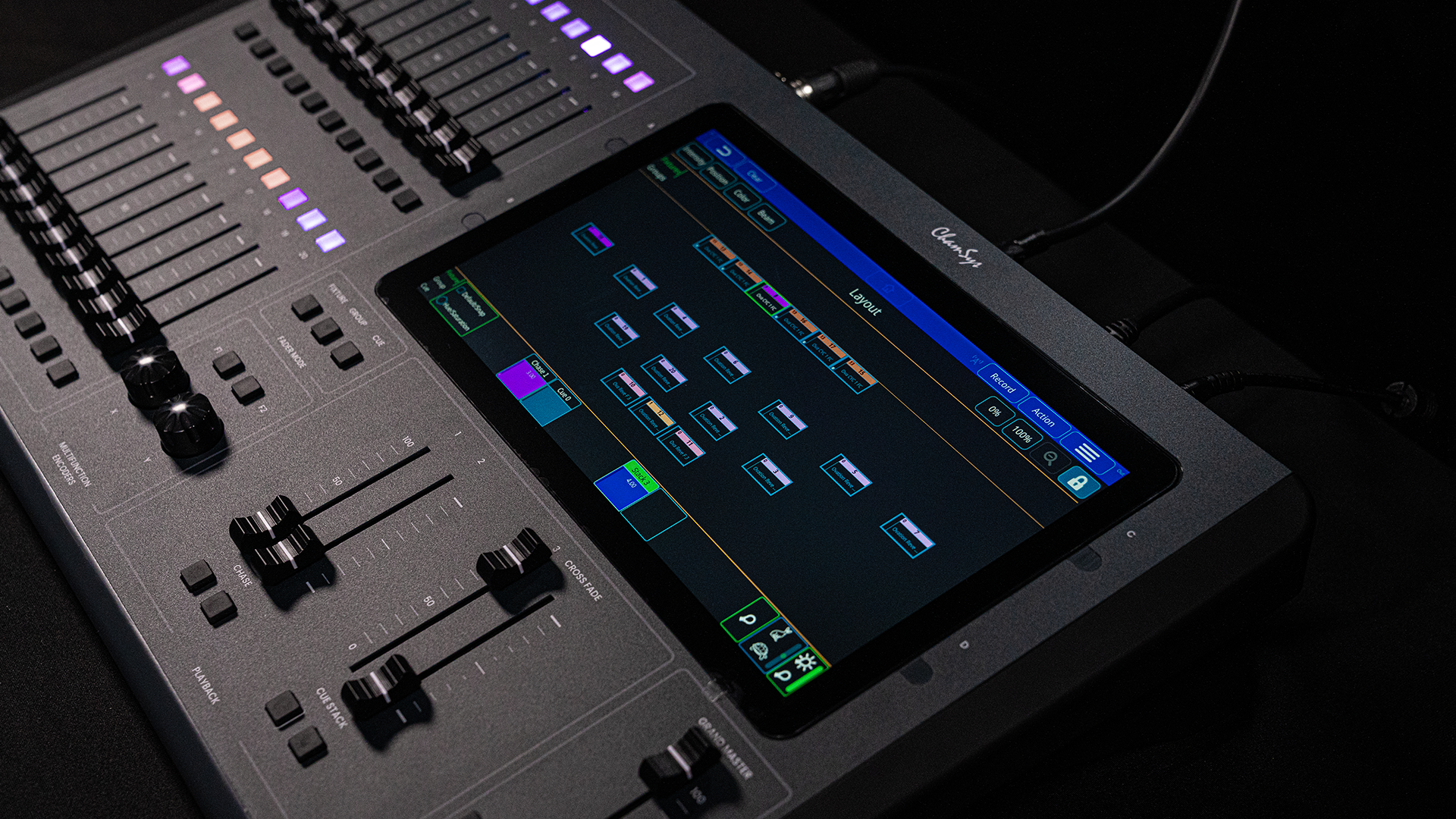 The new larger touch screen on the front of the ChamSys QuickQ plus console