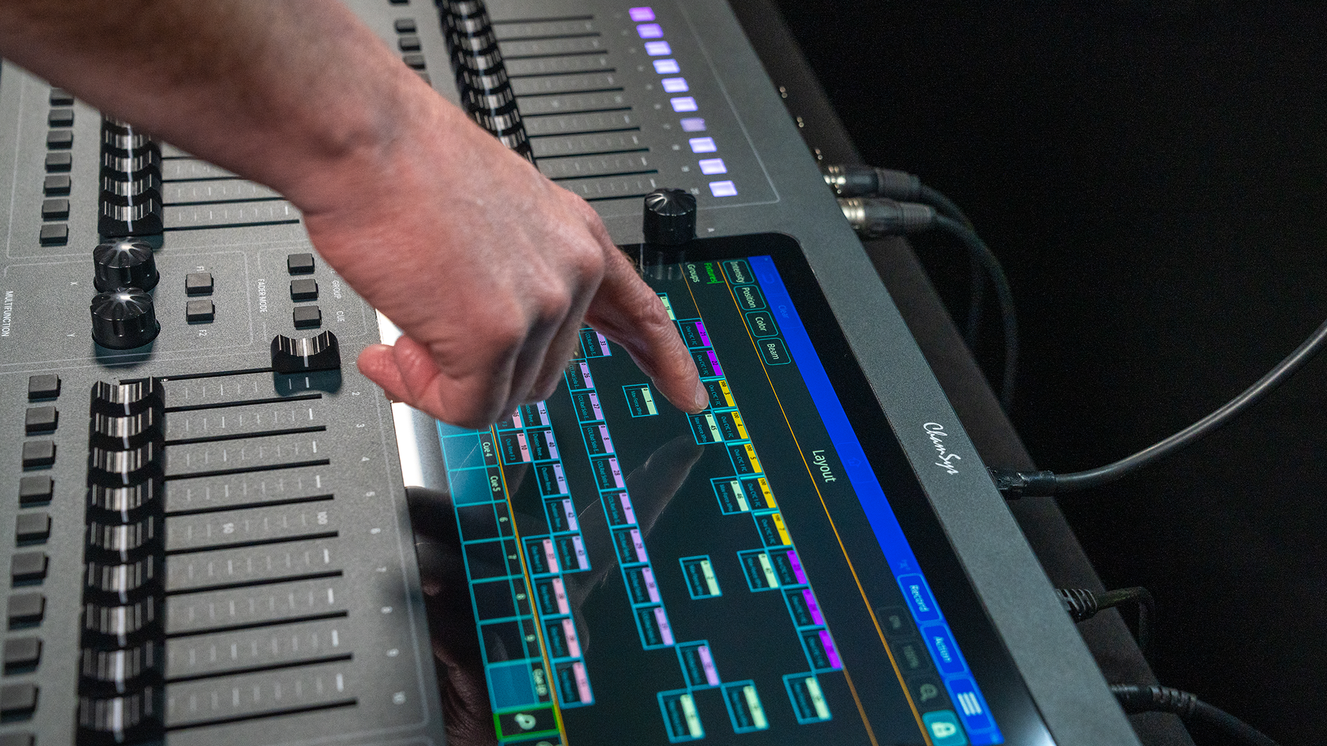 The new larger touch screen on the front of the ChamSys QuickQ plus console