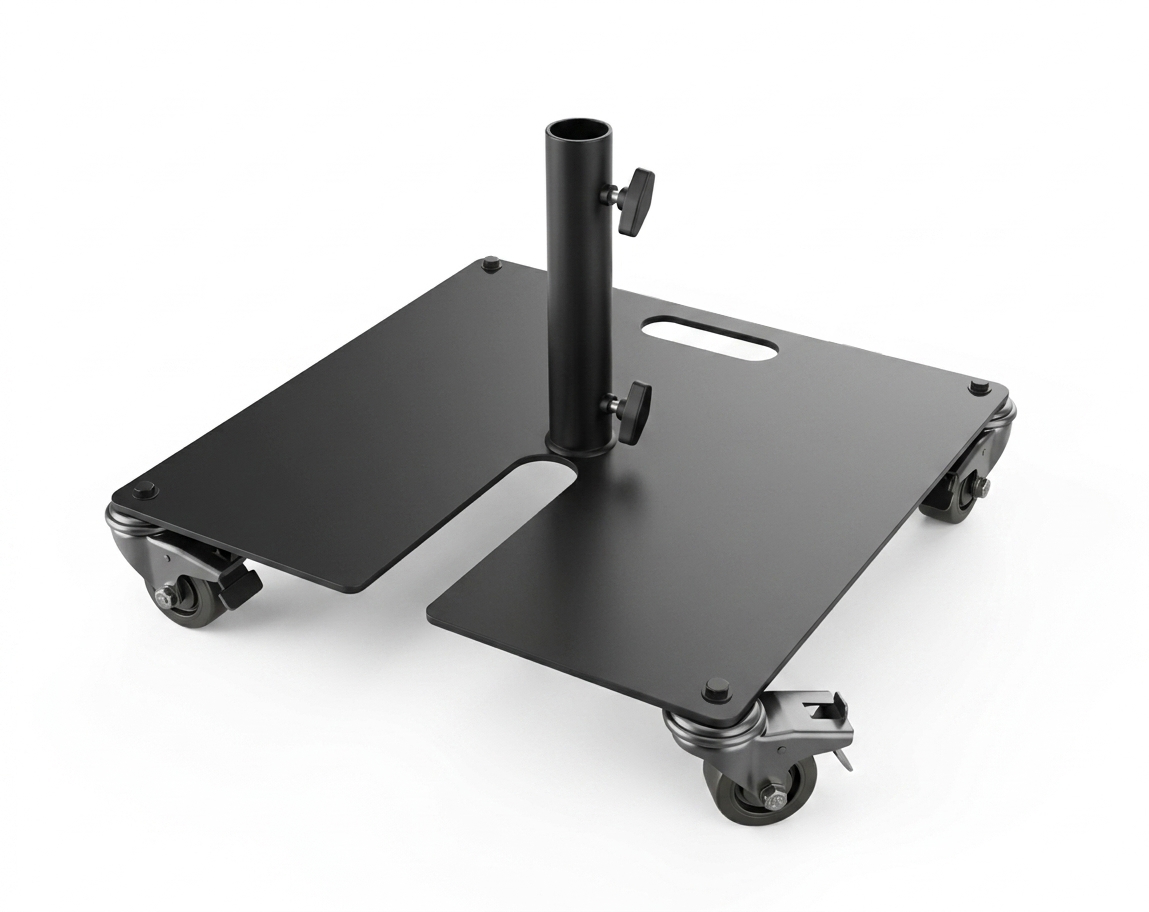An image of our Stage Depot tank trap with our four wheeled cast upgrade attached to the base of it.