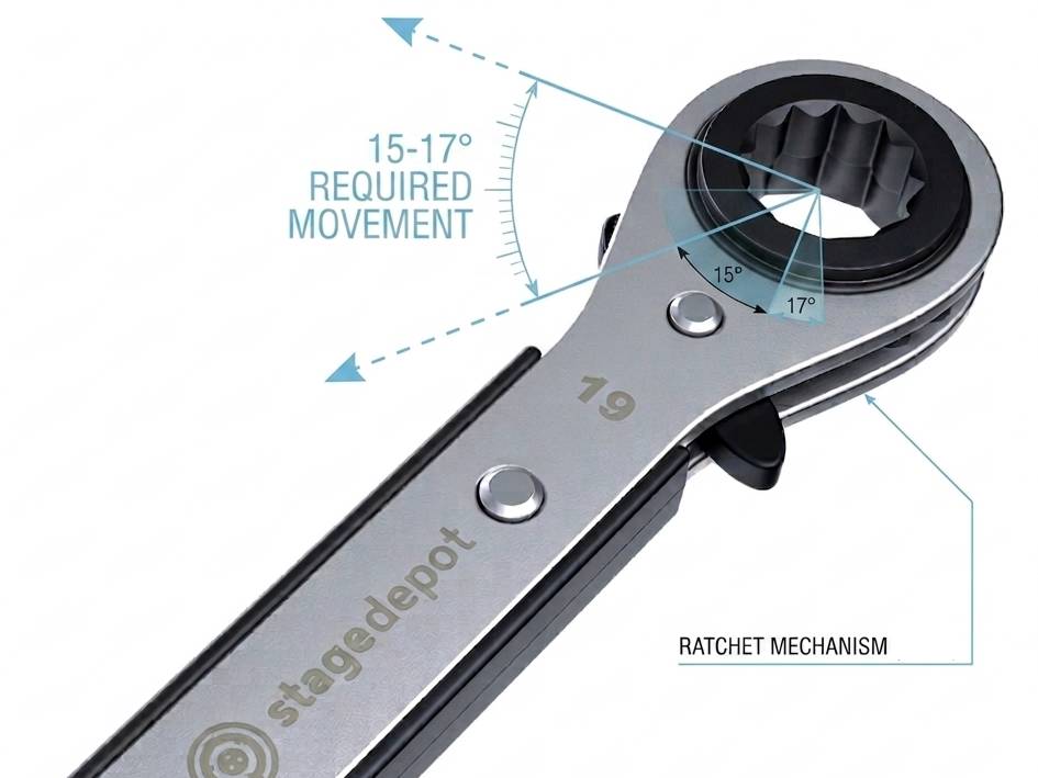 A close up of the Stage Depot Quadspanner showing small movement required for ratchet mechanism