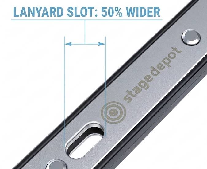 A close up of the Stage Depot Quad Spanner showing the larger tool slot