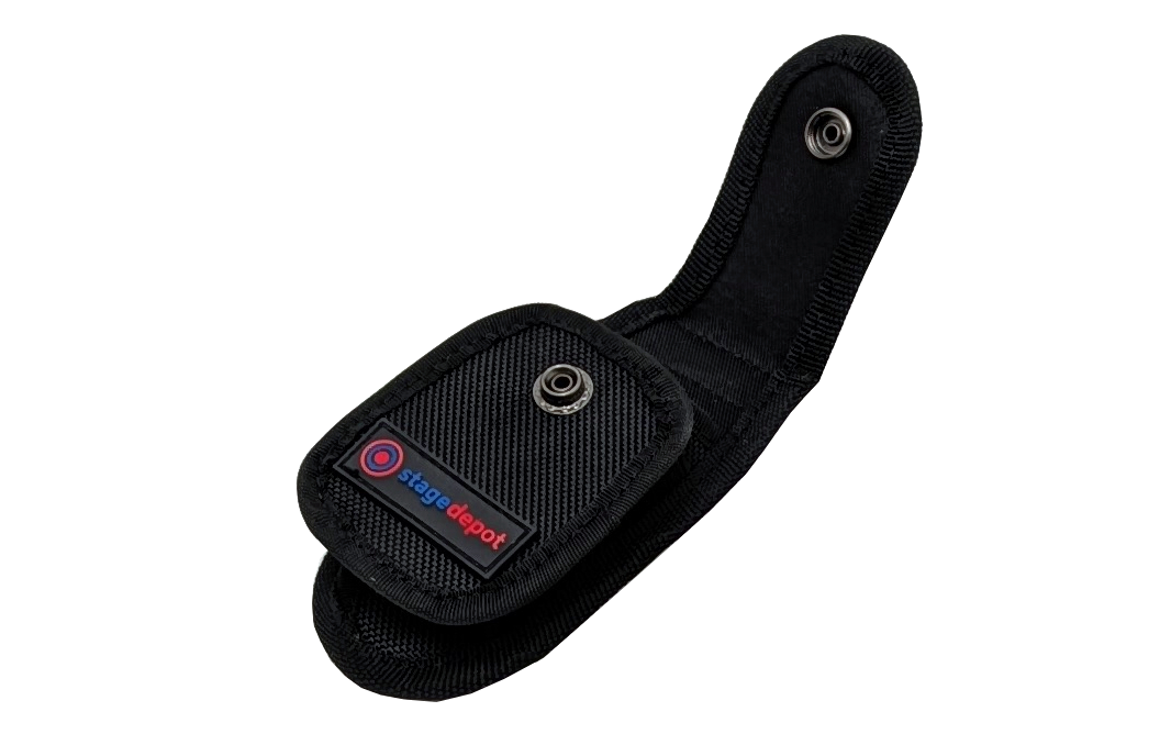 Our Stage Depot Podger Holster in the open position with the the Stage Depot Logo on the front