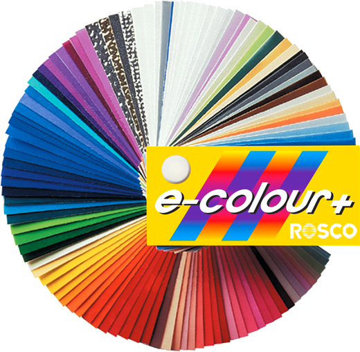 An image of the Rosco E-colour swatch book showing a fan out selection of the E-colour lighting gels.