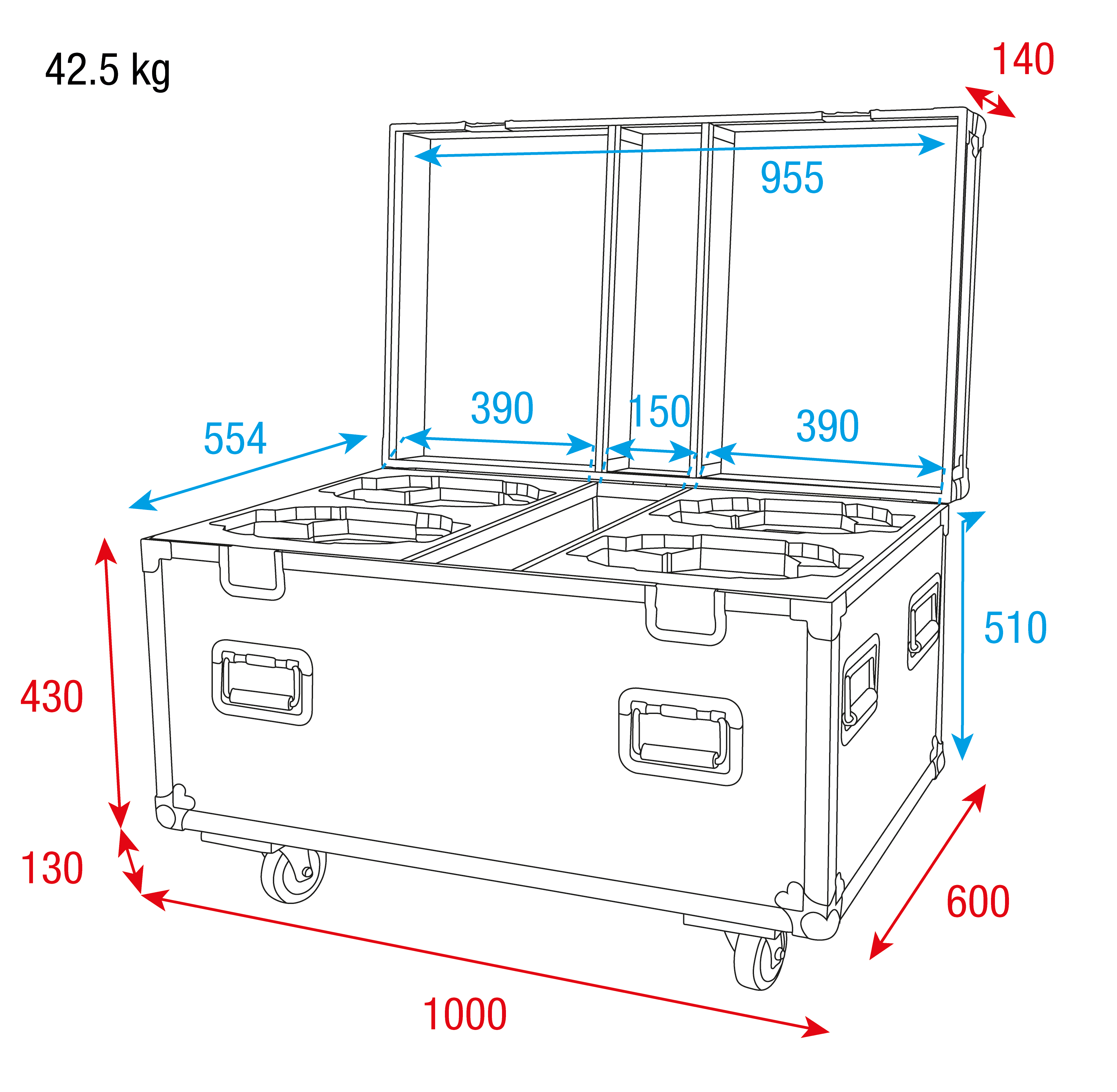 An Image of a technical drawing of the Showtec flightcase showing all of the dimensions