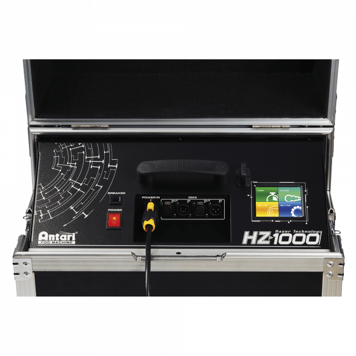 A close up image of the controls and power connections for this stadium hazer