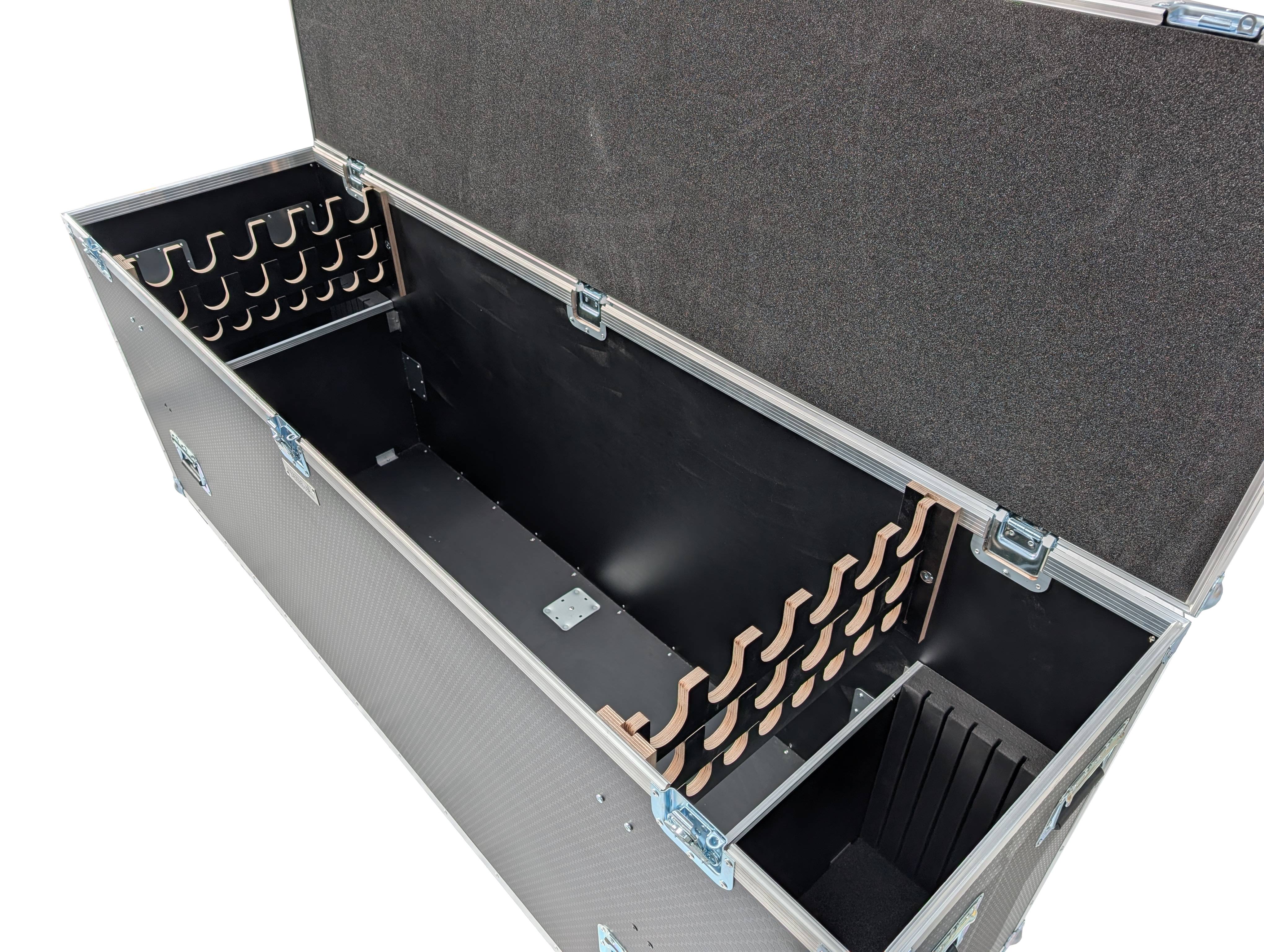 An image of the inside of the Pipe and drape flight case showing how the baseplates, uprights, crossbars and drapes are stored