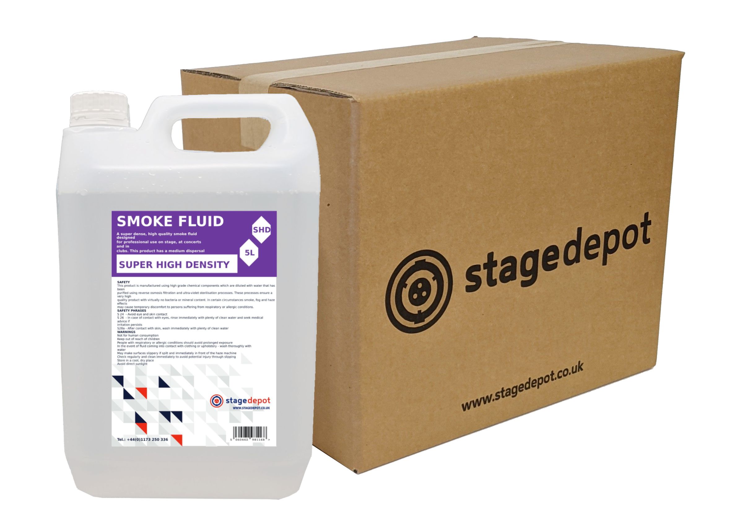 A bottle of Stage Depot Super High Density Smoke Fluid in front of the box of 4