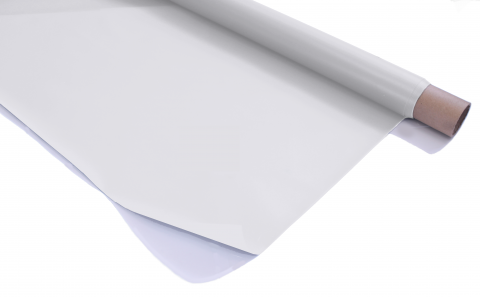 Rosco Front White Projection Screen partially unravelled from a roll