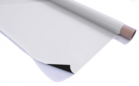 Stage Depot White / Black Projection Screen on a roll with edge folded over to show reverse side