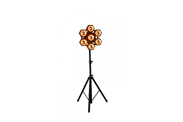 Front-Facing image of the Citronic CosmoPAR: 7x40W COB LED RGBW PAR Light on a speaker stand