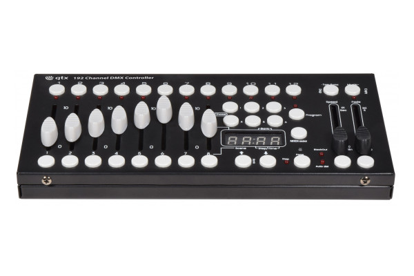Front view of the sliders and options of the QTX 192 Channel DMX controller