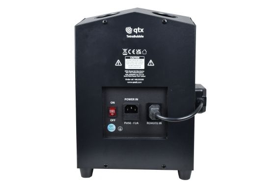 An Image of the front of the QTX bubble machine showing the power and remote connections