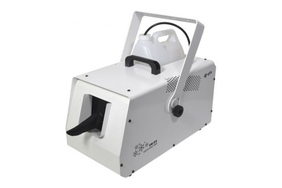 An Image of the front of the QTX snow machine with a 5l bottle of snow fluid in the back of the machine.