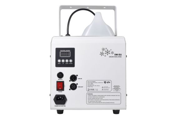 An image of the back of the QTX snow machine showing the digital control panel and the two 3 pin DMX ports