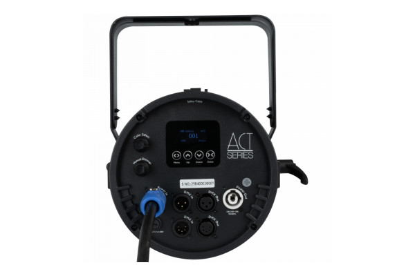 A rear facing view of the Showtec ACT Par with the available power and control connections