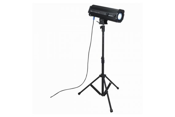 An Image of the front of the Showtec Followspot with the stand and power cable running from the back