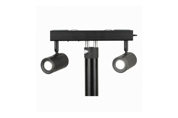 An Image of the front of the Showtec Pinspot Bar connected to a pipe and drape crossbar