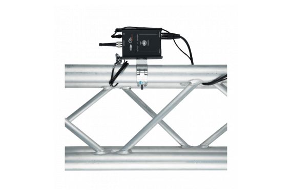 An Image of the Showtec AirDrive attached to the top of the of some trussing in a venue