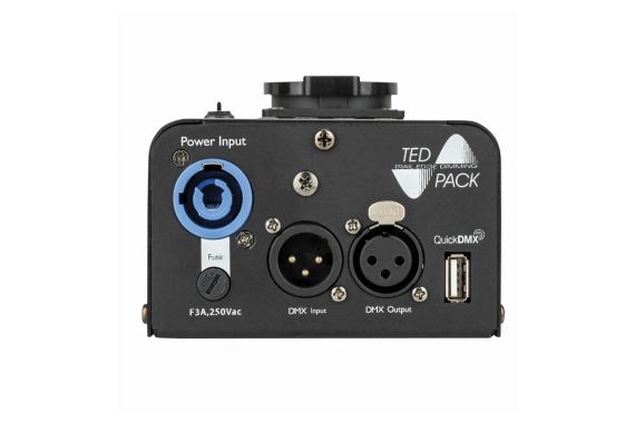 An Image of the bottom of the Showtec dimmer showing the power and dmx connections