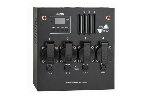 An image of the front of the Showtec Dimmer pack with local slider controls