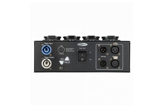 An Image of the bottom of the Showtec Dimmer showing the DMX controls and power inputs