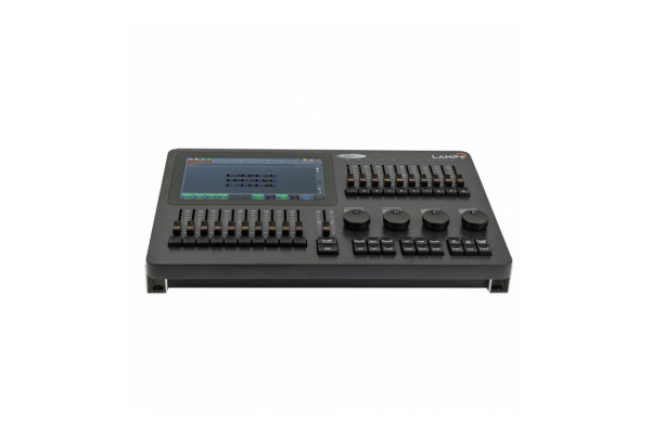 A front View of the Lampy with a closer view at the touchscreen, faders and scroll wheels
