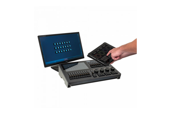 An Image of the Showtec Lampy with an optional screen and touch screen connected to the desk