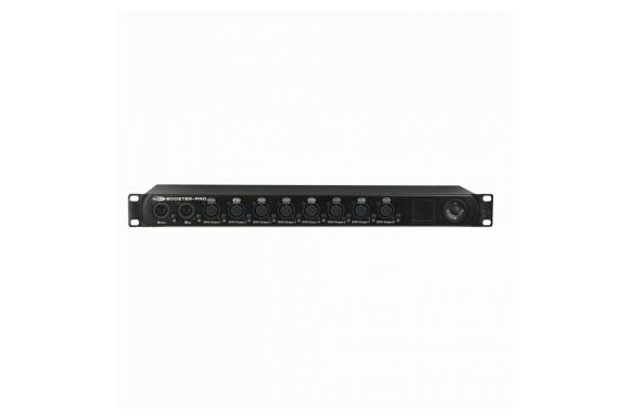 An Image of the front of the DMX booster with two 5 pin inputs & eight DMX outputs