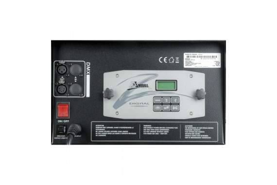 An close up image of the controller on the back of the unit showing the DMX ports and removable controller