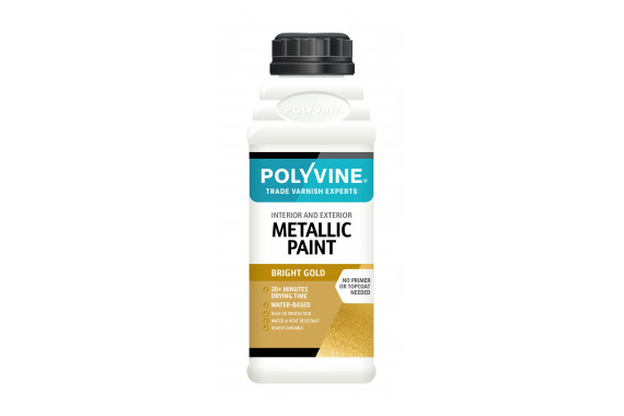 A bottle of the Polyvine Metallic Paint Bright Gold 500ml