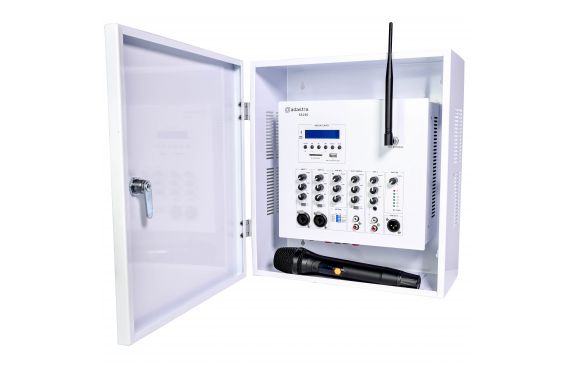 An Image of the inside of the Adastra locked box with amp and media player