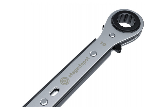 An image of the close up of the Stage Depot tool showing the larger tool slot and stage depot logo