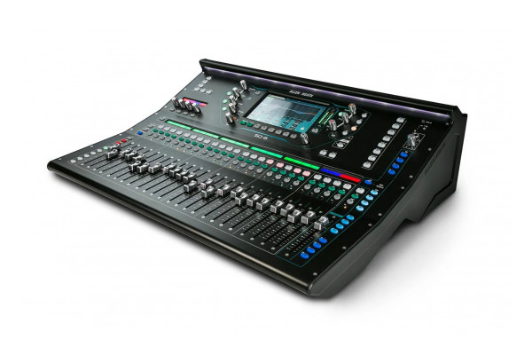 A side on view of the SQ-6 audio mixer with a closer view of the buttons, faders and touch screen
