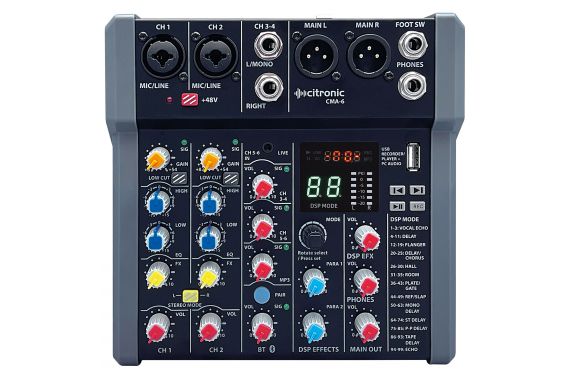 An Image of the front of the Citronic Mixer showing all of the available controls and inputs