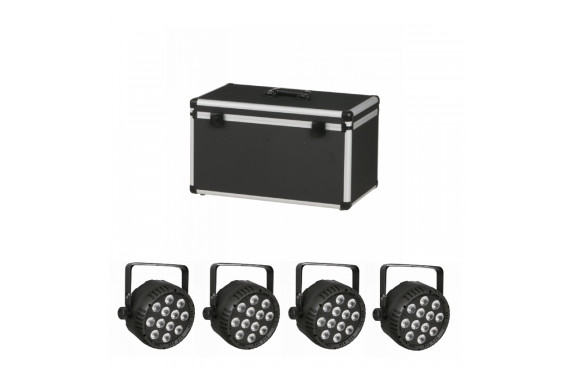 An Image of the lighting fixtures with the flight case next to the fixtures