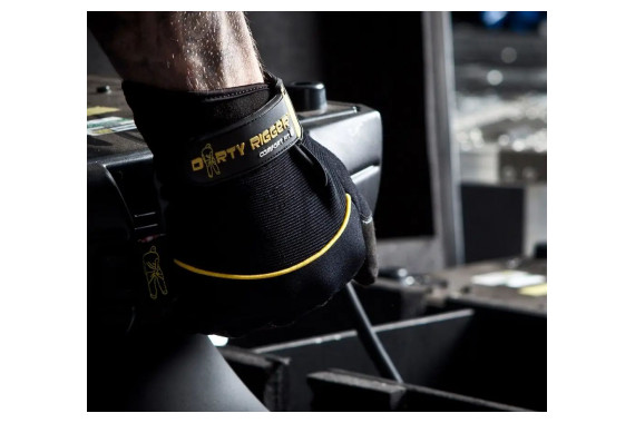 An image of the Dirty Rigger Gloves in use holding a moving head lighting fixture