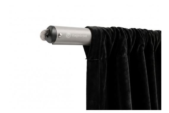 Our Stage Depot Crossbar threaded through the pipe pocket of a Stage Depot Theatre Drape