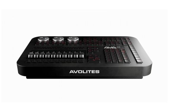 An Image of the front of the Avolites D3 console showing the available faders, buttons and encoder wheels