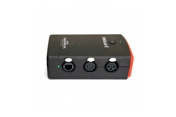 An image of the DMX cat-E tester with the available ethernet, 5pin and 3 pin dmx ports