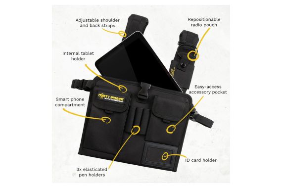 An Image of the Dirty Rigger Chest Mate pro marked up showing all of the compartments and features of the chest mount