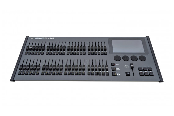 A photo of the front of the Zero88 FLX S48 Lighting console showing the 40 faders, encoder wheels & 7" Touch Screen