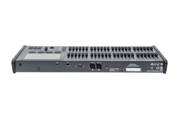 The back of the FLX S48 Lighting console showing the DMX ports, HDMI port & power connector.