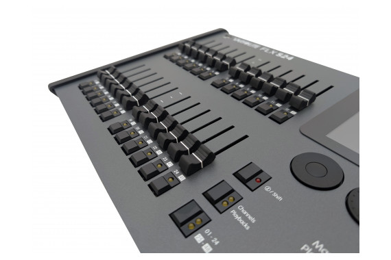 An image of the all of the 20 faders upon the front of the FLX Console